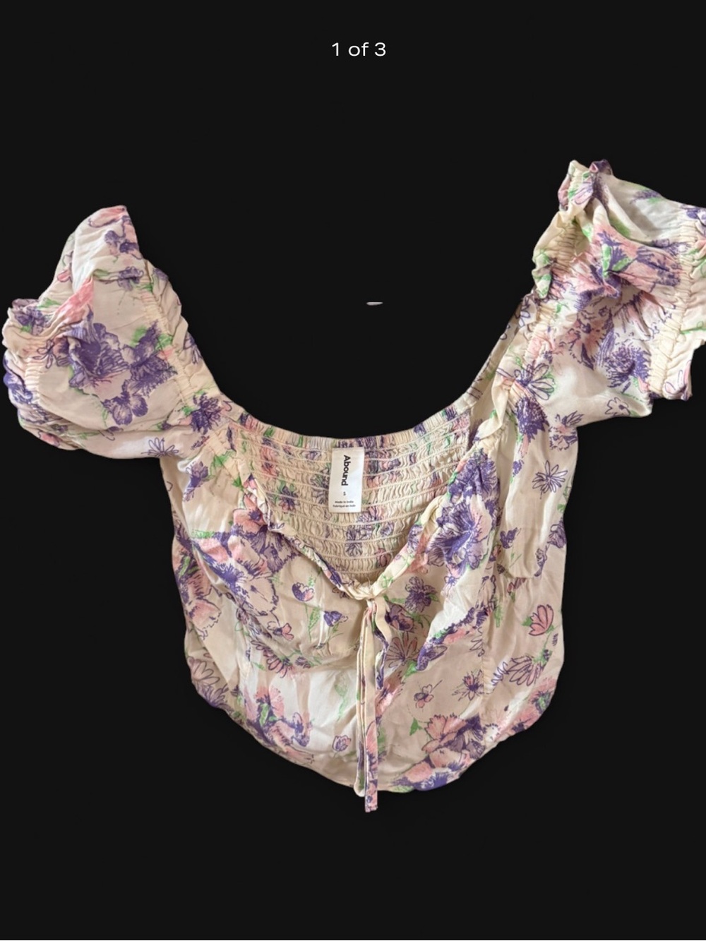 Abound Floral Puff-Sleeve Crop Top - Lavender, Pink & Cream